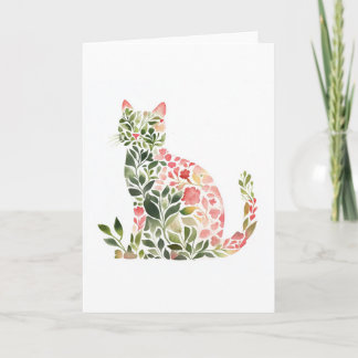 Carte Salutation Whimsical Floral Cat Watercolor