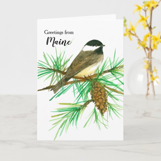 Carte Salutations de Maine Black Capped Chickadee (Fleur jaune)