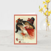 Carte Salutations d'Halloween Fille au Chat Noir Vintage (Fleur jaune)