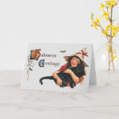 Carte Salutations d'Halloween vintage, sorcière enfant a (Fleur jaune)