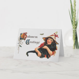 Carte Salutations d'Halloween vintage, sorcière enfant a