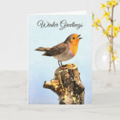 Carte Salutations d'hiver. Rouge-gorge chantant (Fleur jaune)