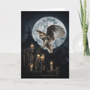 Carte Samhain avec Pretty Owl ailes ouvertes pleine lune