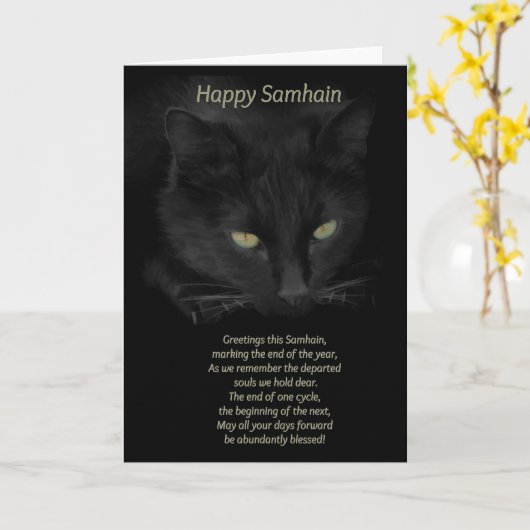 Carte Samhain Chat Noir Bénédictions Joyeux Samhain Celt (Fleur jaune)