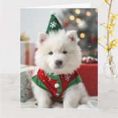 Carte Samoyed Elf Puppy Christmas Card (Fleur jaune)