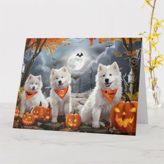 Carte Samoyed Halloween Éffrayant (Fleur jaune)