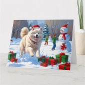 Carte Samoyed Running en neige avec Casquette de Noël (Devant)