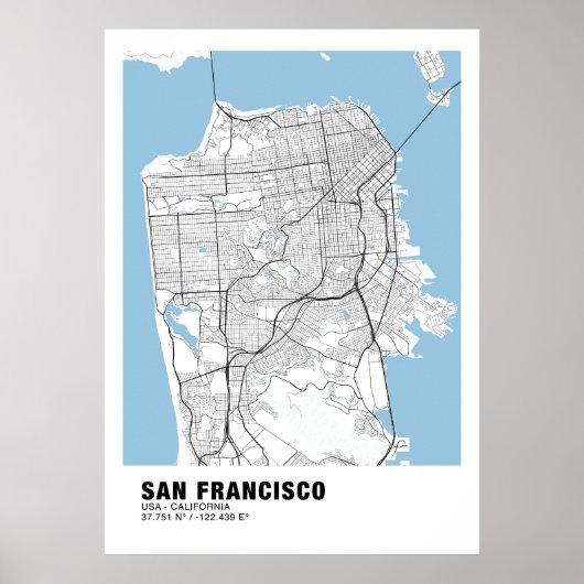 Carte San Francisco Poster - California White Map (Devant)