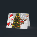 Carte Santa claus and reindeer behind a christmas tree.j<br><div class="desc">christmas santa claus reindeer,  frofrisend friends ful funny ,  vintage magic snowflake art,  2020 happy new year,  joy gift snow flying,  year new celebration deer,  happy xmas winter holiday,  bell merry cartoon illustration,  fun animal cute,  reindeer christmas clmas</div>