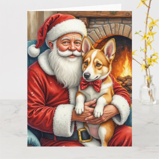 Carte Santa Claus Holding Australian Cattle Christmas (Fleur jaune)