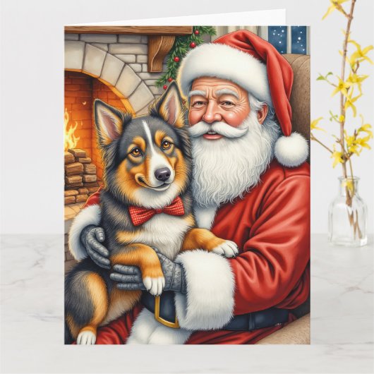 Carte Santa Claus Holding Australian Shepherd Christmas (Fleur jaune)
