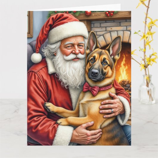 Carte Santa Claus Holding Belgian Shepherd Christmas Art (Fleur jaune)