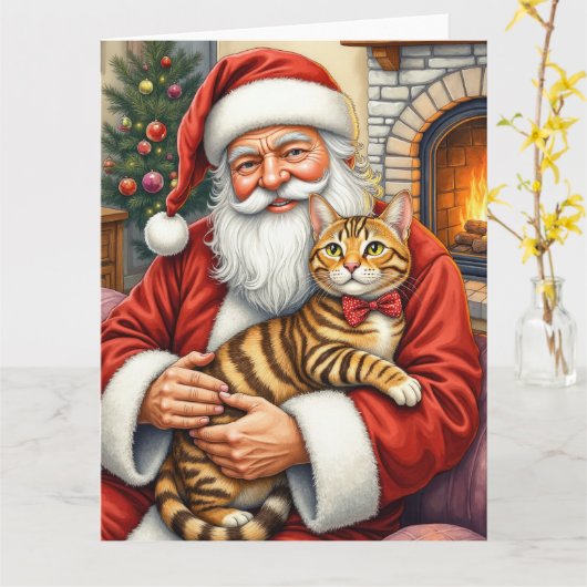 Carte Santa Claus Holding Bengal Cat Christmas Art (Fleur jaune)