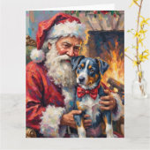 Carte Santa Claus Holding Blue Heeler Christmas Art (Fleur jaune)