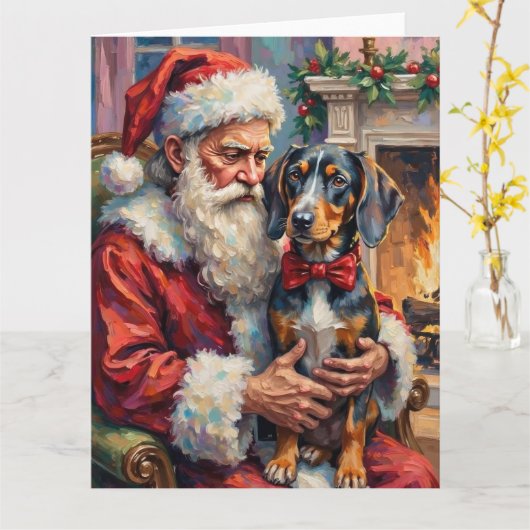 Carte Santa Claus Holding Bluetick Coonhound Christmas  (Fleur jaune)