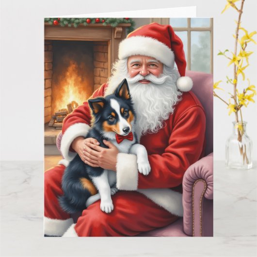 Carte Santa Claus Holding Border Collie Christmas Art (Fleur jaune)
