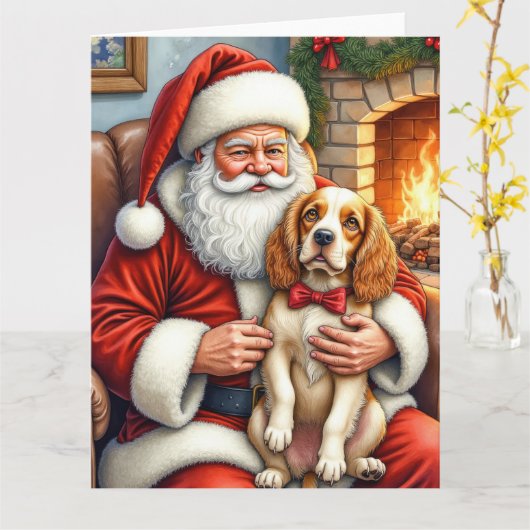 Carte Santa Claus Holding Cocker Spaniel Christmas Art (Fleur jaune)
