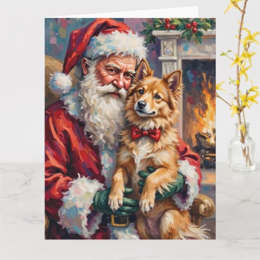 Carte Santa Claus Holding Finnish Lapphund Christmas Art (Fleur jaune)