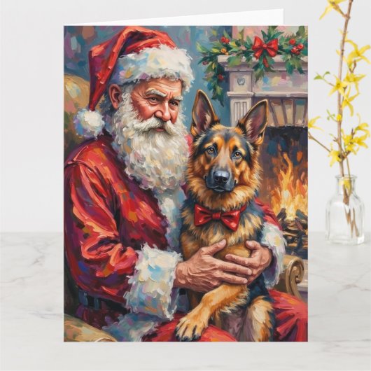 Carte Santa Claus Holding German Shepherd Christmas Art (Fleur jaune)
