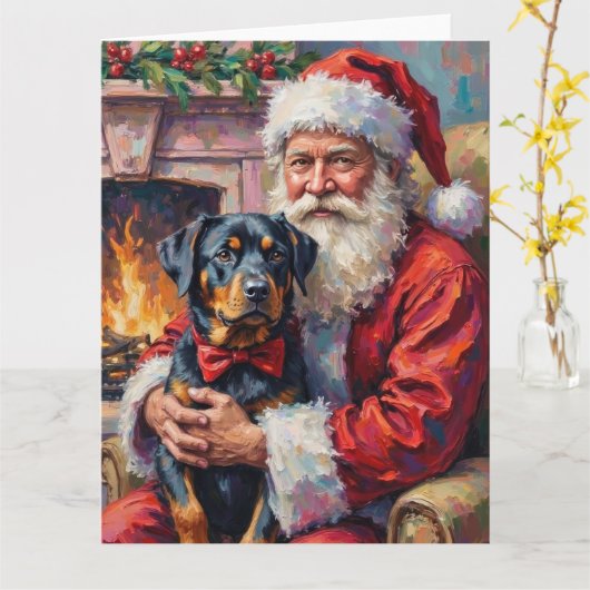 Carte Santa Claus Holding Rottweiler Christmas Art (Fleur jaune)