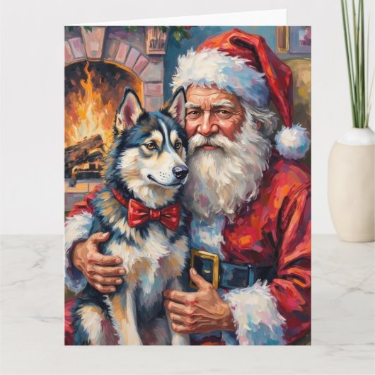 Carte Santa Claus Holding Siberian Husky Christmas Art (Devant)