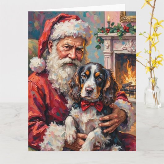 Carte Santa Claus Holding Springer Spaniel Christmas Art (Fleur jaune)