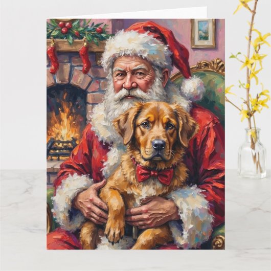 Carte Santa Claus Holding Tibetan Mastiff Christmas Art (Fleur jaune)