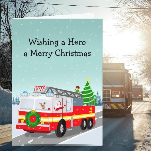 Carte Santa in Firetruck Merry Christmas Hero