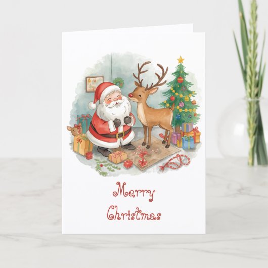 Carte Santa with toys and reindeer & whimsical Christmas (Devant)