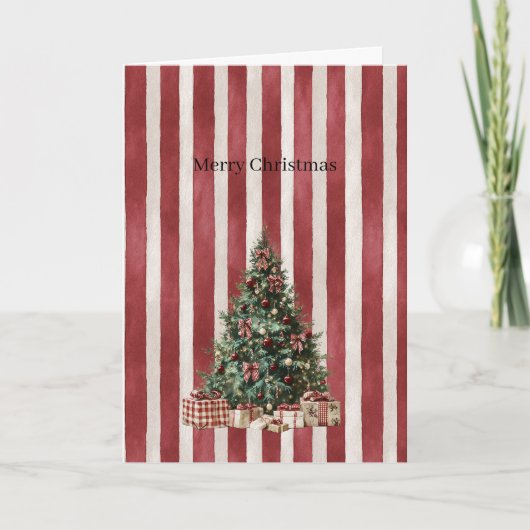 Carte Sapin de Noël à rayures rouges et crème (Devant)