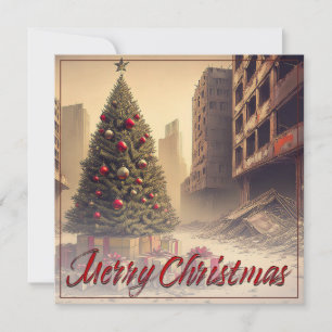 Carte Sapin de Noël au milieu des ruines Joyeux Noël