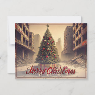 Carte Sapin de Noël au milieu des ruines Joyeux Noël