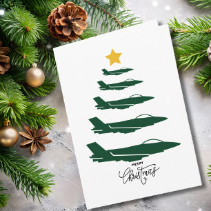 Carte Sapin de Noël Avion Militaire Vert Minimaliste