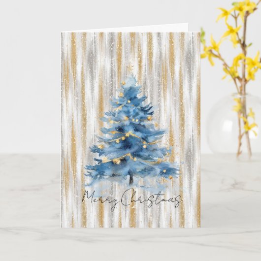 Carte Sapin de Noël Bleu Or Argent (Fleur jaune)