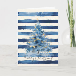 Carte Sapin de Noël Rayures Bleu Or Argenté
