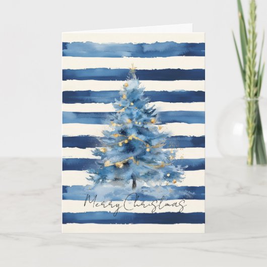 Carte Sapin de Noël Rayures Bleu Or Argenté   (Devant)