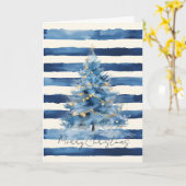 Carte Sapin de Noël Rayures Bleu Or Argenté   (Fleur jaune)