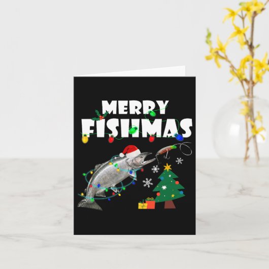 Carte Saumon Steelhead Merry Fishmas Noël King Trou (Fleur jaune)