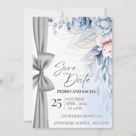 Carte "Save the Date" Florale Bleue Élégante avec  (Devant)