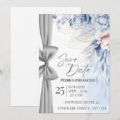 Carte "Save the Date" Florale Bleue Élégante avec  (Devant / Derrière)