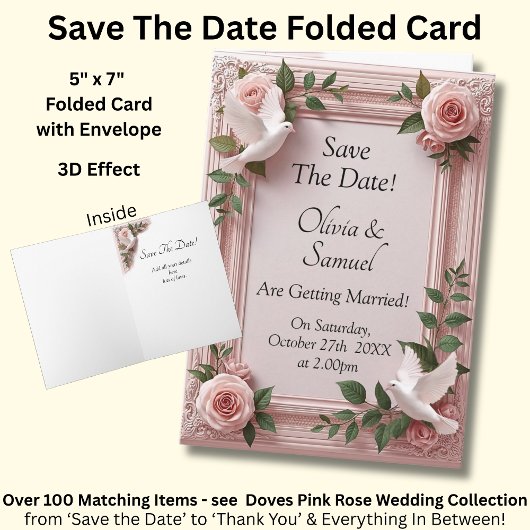 Carte Save The Date - Pink Roses & Doves Wedding
