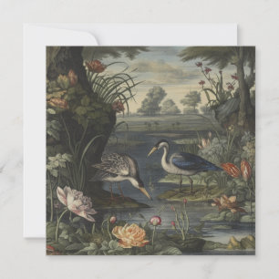 Carte Scène botanique de grues bleues au bord d'une rivi