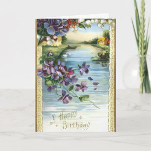 Carte Scène champêtre vintage fleurs rivière