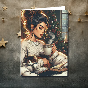 Carte Scène cosy Une femme boit du cacao Noël
