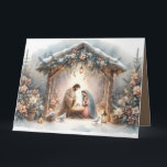 Carte Scène de la Nativité rustique avec fleurs d'hiver<br><div class="desc">Cette crèche sereine capture la beauté paisible de la Sainte Famille sous une étable en bois rustique, délicatement éclairée par des lanternes et entourée de douces chutes de neige. Le design présente Marie, Joseph et le bébé Jésus dans un moment chaleureux et révérencieux, accentué par des fleurs d'hiver délicates, des...</div>