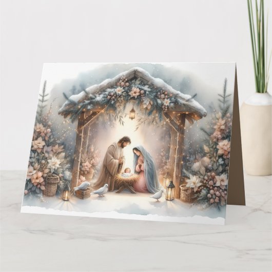 Carte Scène de Nativité Rustique avec Fleurs d'Hiver (Devant)