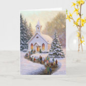 Carte Scène de neige avec église et paroissiens (Fleur jaune)