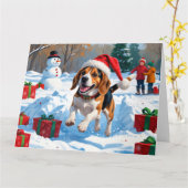 Carte Scène de neige festive de Noël avec Beagle (Fleur jaune)
