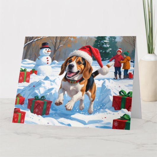 Carte Scène de neige festive de Noël avec Beagle (Devant)