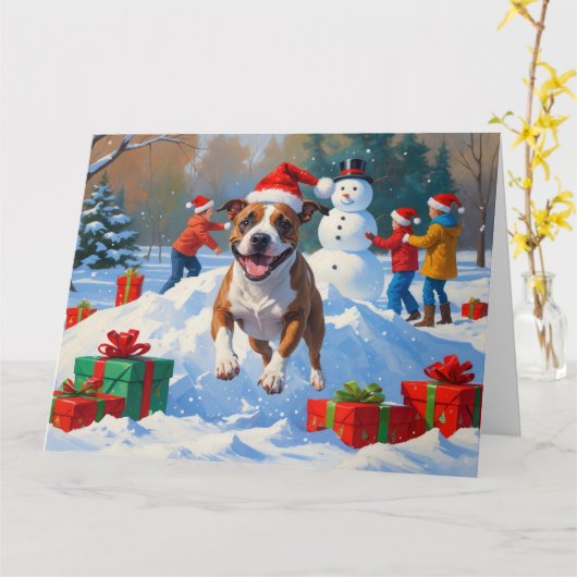 Carte Scène de neige festive de Noël avec un Bull Terrie (Fleur jaune)